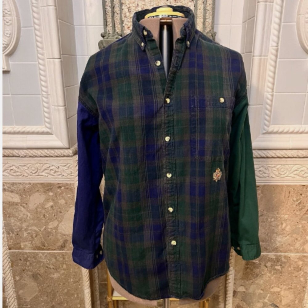 Hunting Horn. Sz Medium. Cotton Long Sleeve Plaid Color Block Logo Shirt. B128